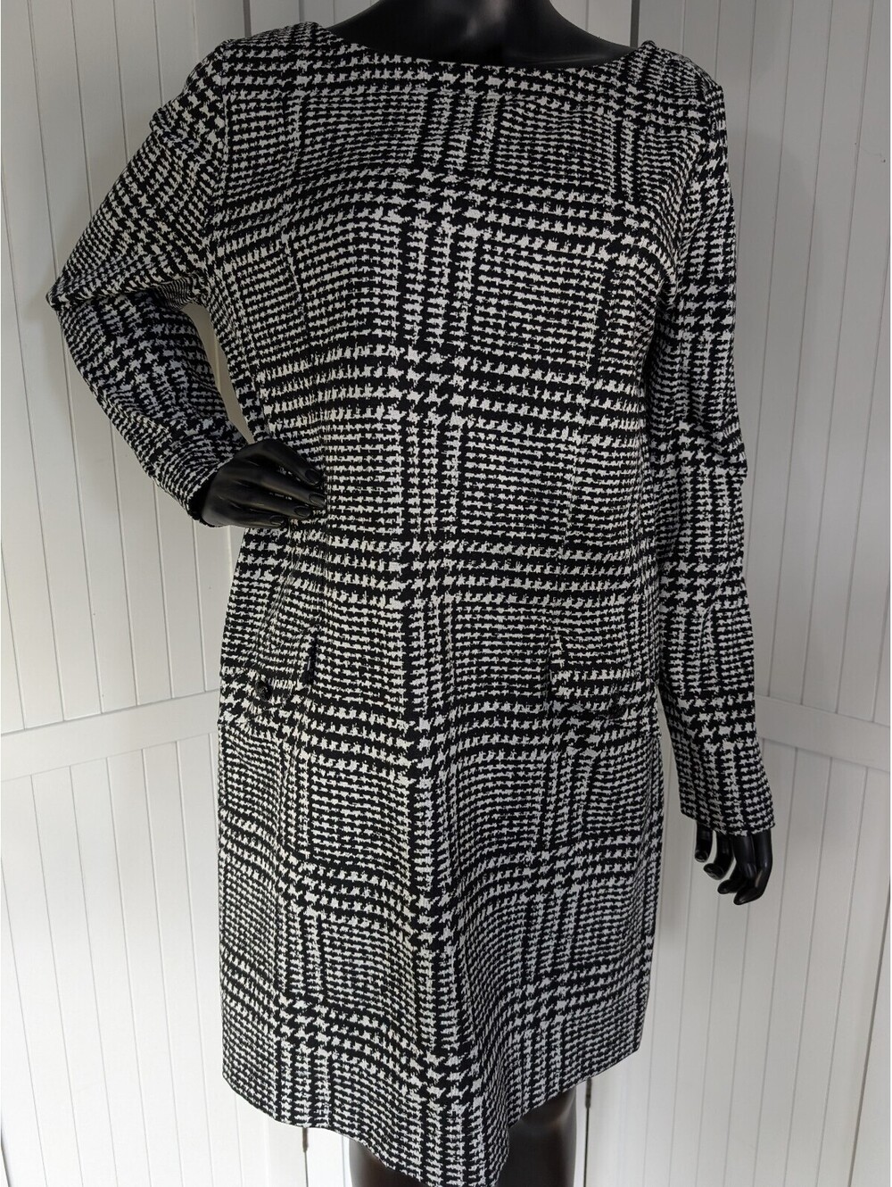 LOFT Womens 12 Black White Houndstooth Plaid Shift Dress Long Sleeve Pockets